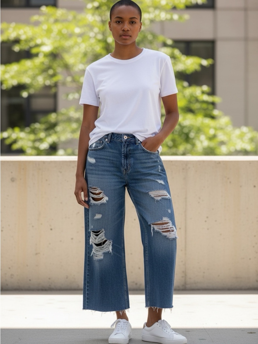 Zara Distressed Wide-Leg Blue Jeans Size 2 - Picture 4 of 8